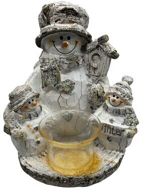 Handcrafted Snowman Family Candle Holder with Glass Votive Used READ